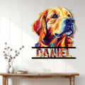 Colorful Golden Retriever metal sign displayed as wall decor above a console table