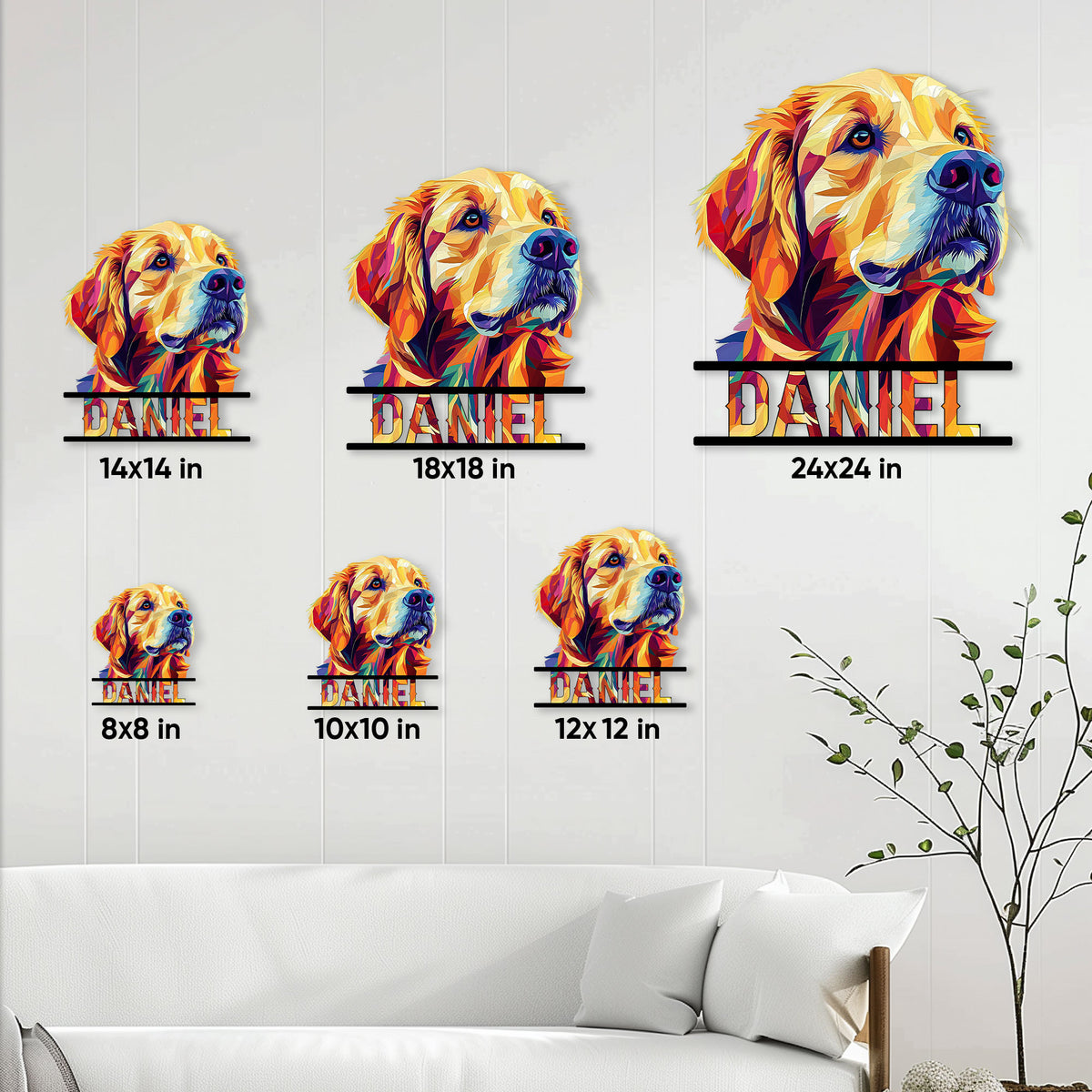 Golden Retriever metal sign size guide showing multiple square size options in a home setting