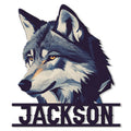 Detailed blue-gray wolf portrait metal sign with bold cut lettering and a striking wildlife-inspired design