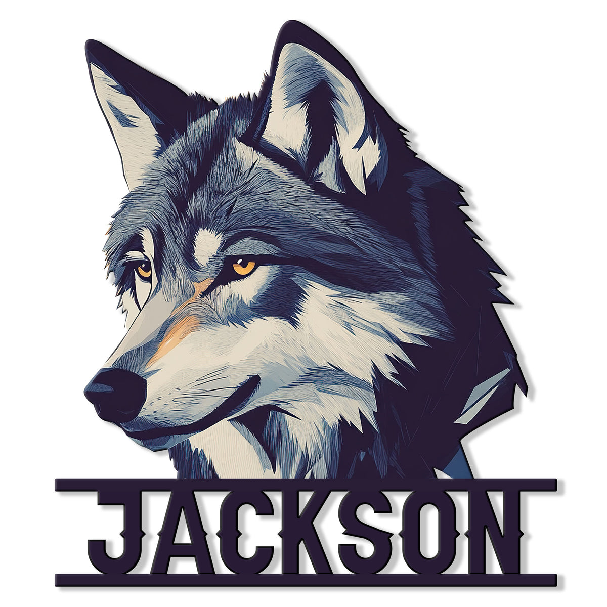 Detailed blue-gray wolf portrait metal sign with bold cut lettering and a striking wildlife-inspired design