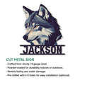 Wolf portrait cut metal sign shown with product features and installation information