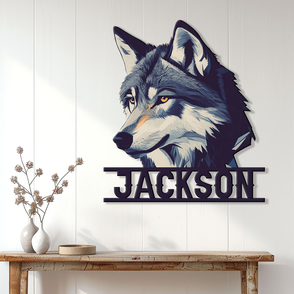 Wolf metal sign displayed on a light paneled wall above a wooden console table