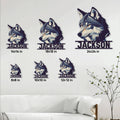 Wolf portrait metal sign size guide showing six available square size options in a living room setting