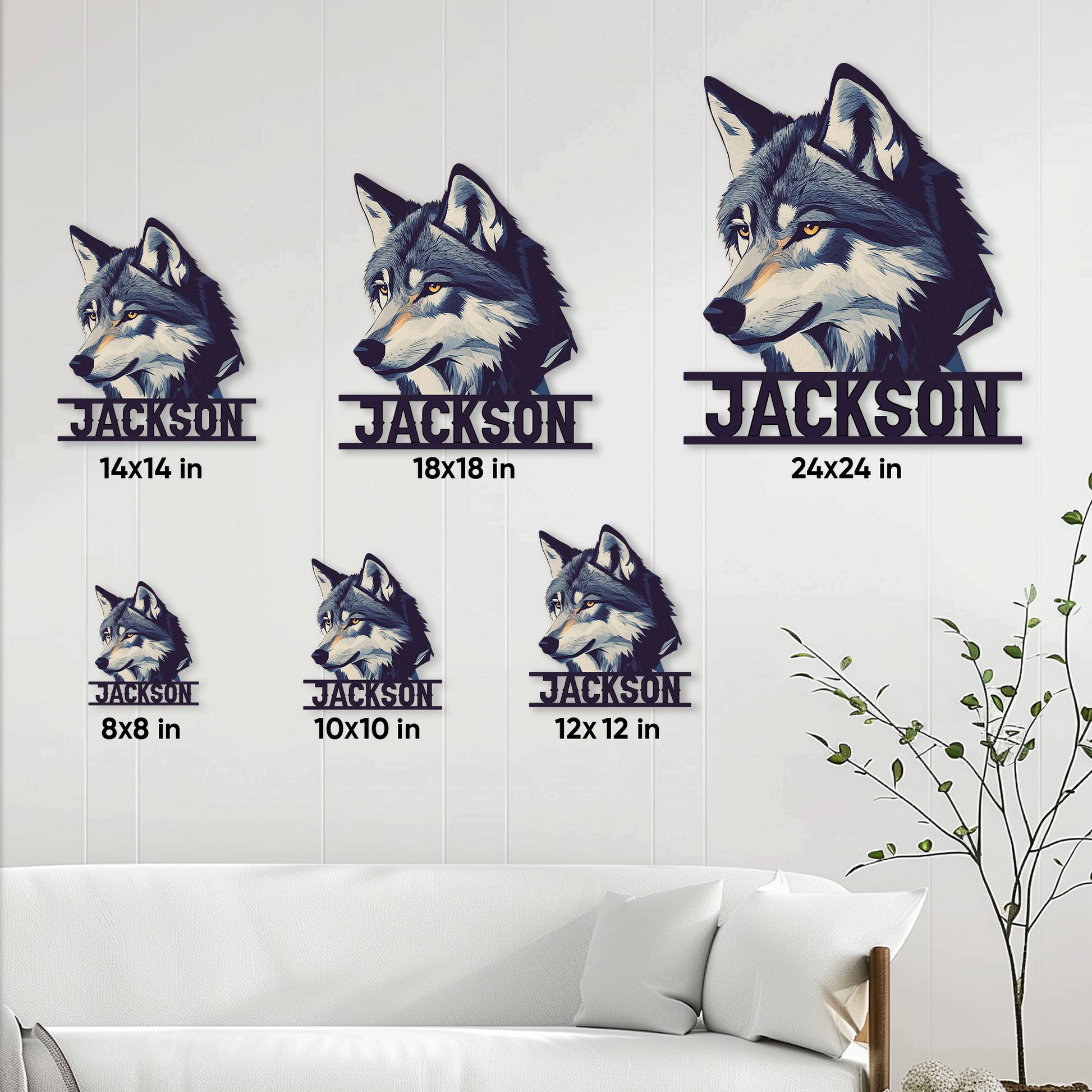 Wolf portrait metal sign size guide showing six available square size options in a living room setting