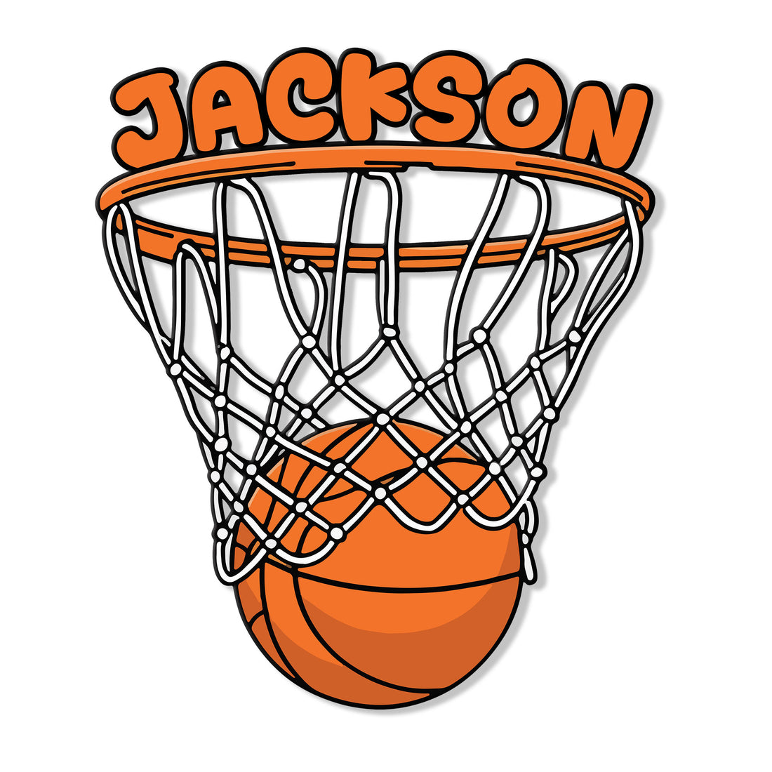 Bold basketball hoop and ball metal sign artwork in orange and black with a custom top design