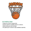 Basketball hoop and ball cut metal sign shown with product feature details for indoor or outdoor display