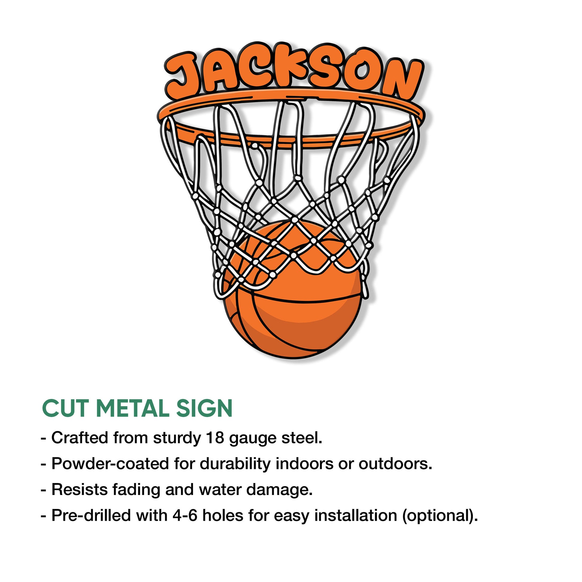 Basketball hoop and ball cut metal sign shown with product feature details for indoor or outdoor display