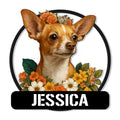 Floral Chihuahua metal sign featuring a realistic brown dog portrait surrounded by colorful flowers