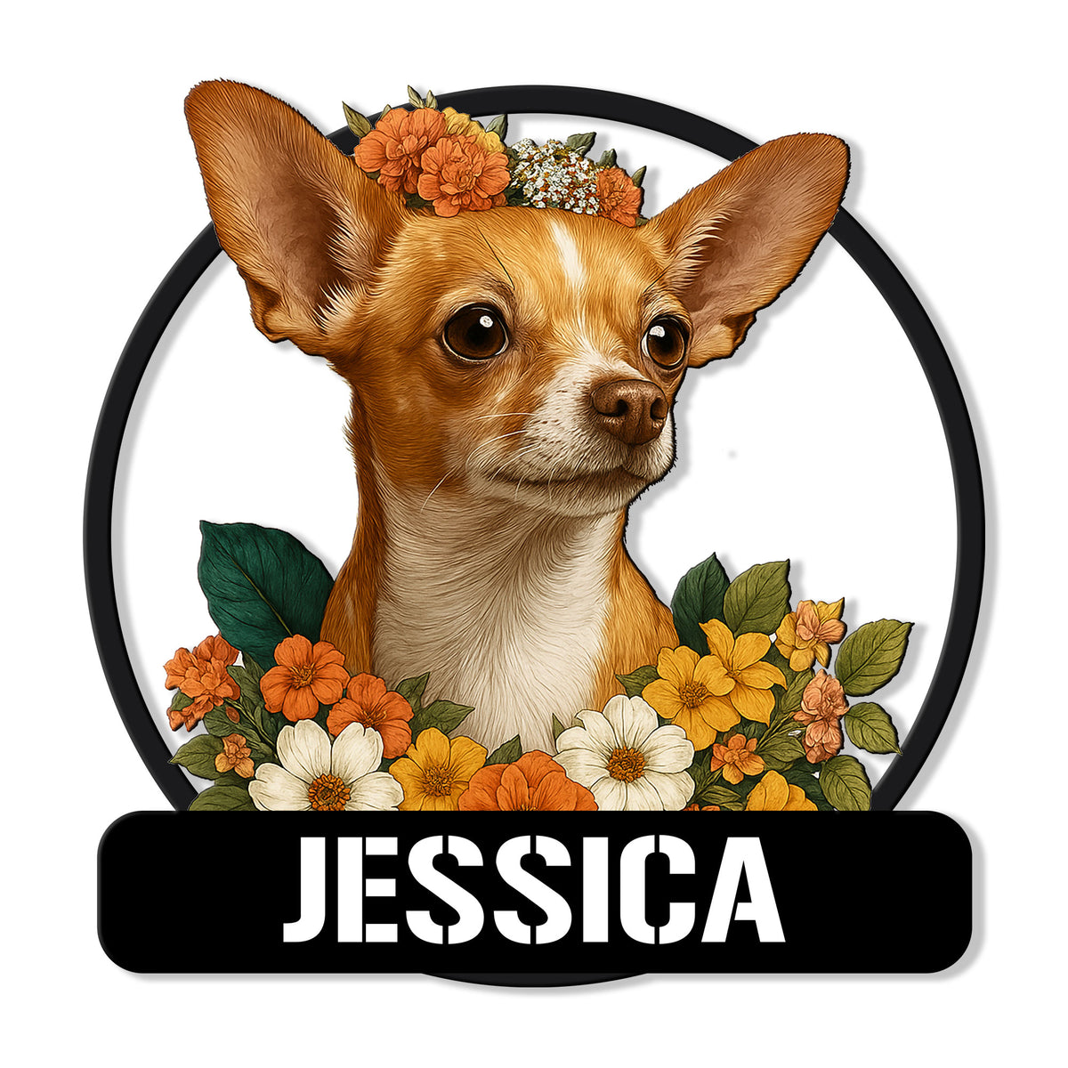 Floral Chihuahua metal sign featuring a realistic brown dog portrait surrounded by colorful flowers