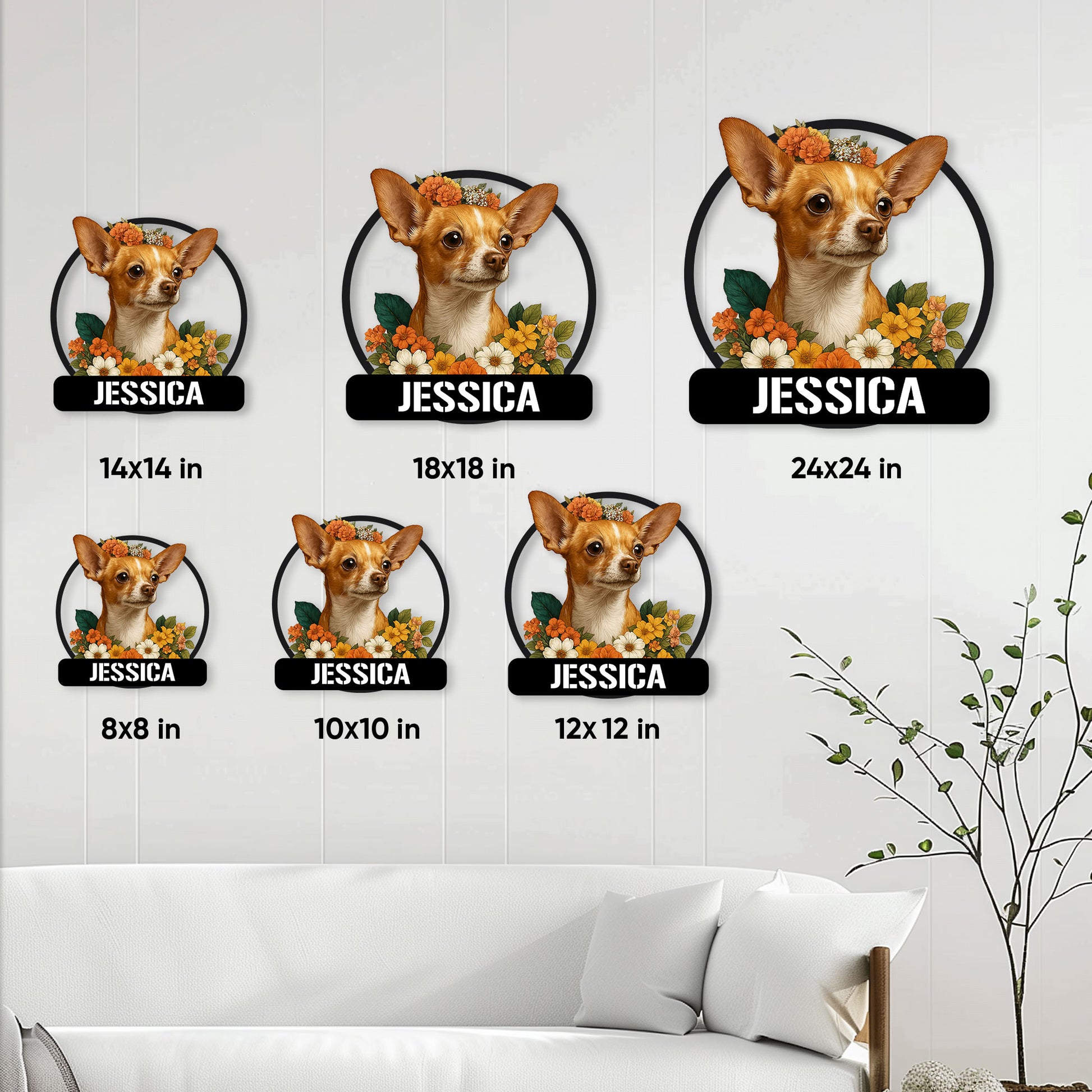 Chihuahua floral metal sign shown in multiple size options arranged on a living room wall