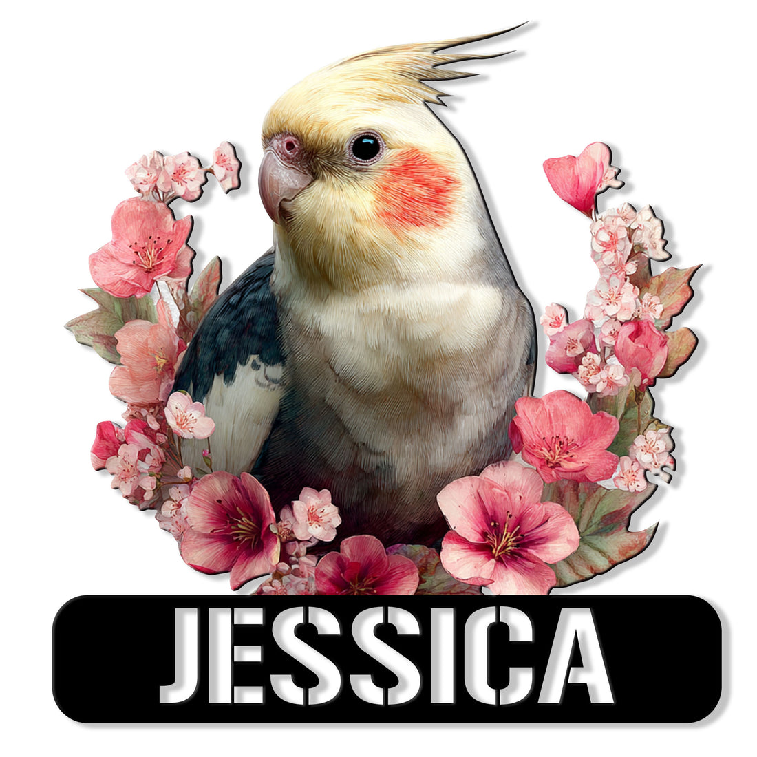 Cockatiel metal sign featuring a colorful bird surrounded by pink blossoms and a bold sign panel
