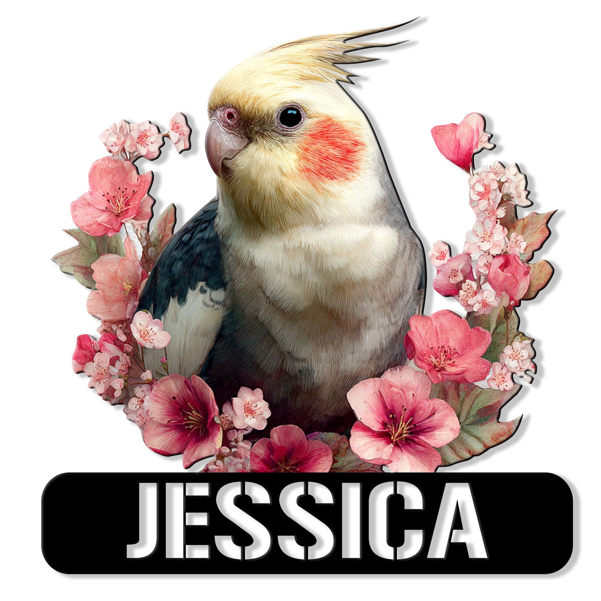 Cockatiel metal sign featuring a colorful bird surrounded by pink blossoms and a bold sign panel