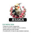 Cockatiel cut metal sign shown with a floral bird design and product feature information