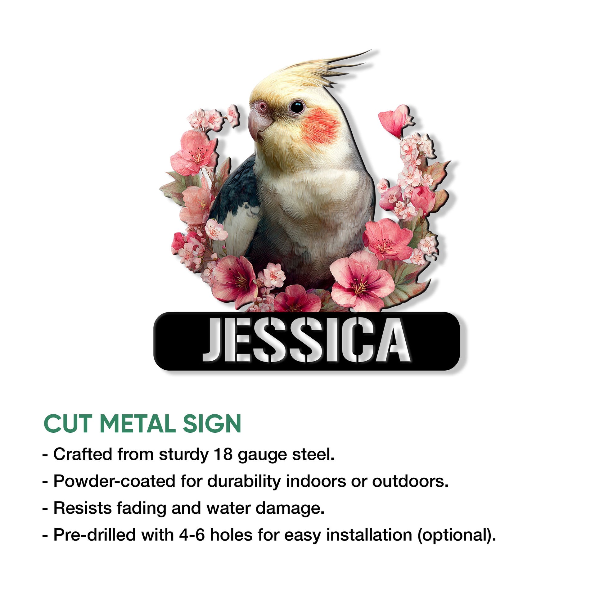 Cockatiel cut metal sign shown with a floral bird design and product feature information