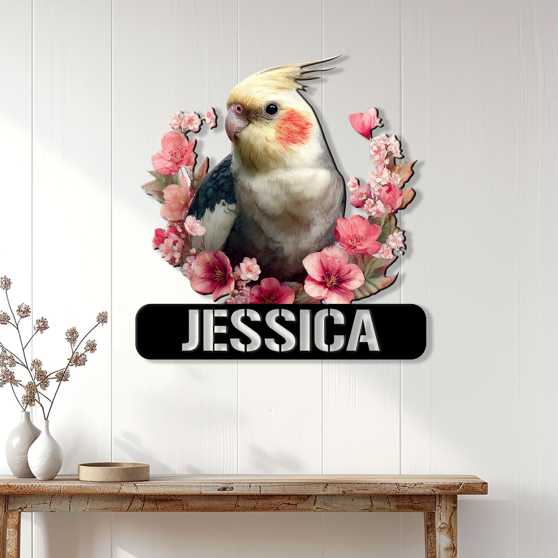 Cockatiel wall sign displayed on a light wood-paneled wall above a console table