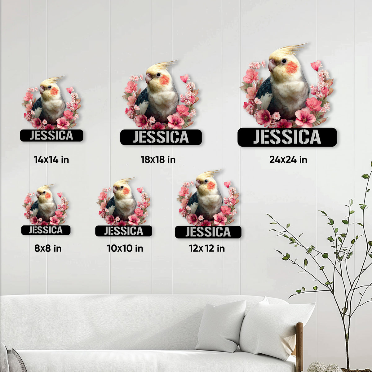 Cockatiel metal sign size guide showing several available square dimensions in a room setting