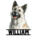 Norwegian Elkhound metal sign featuring a detailed cheerful dog portrait and bold lower border design
