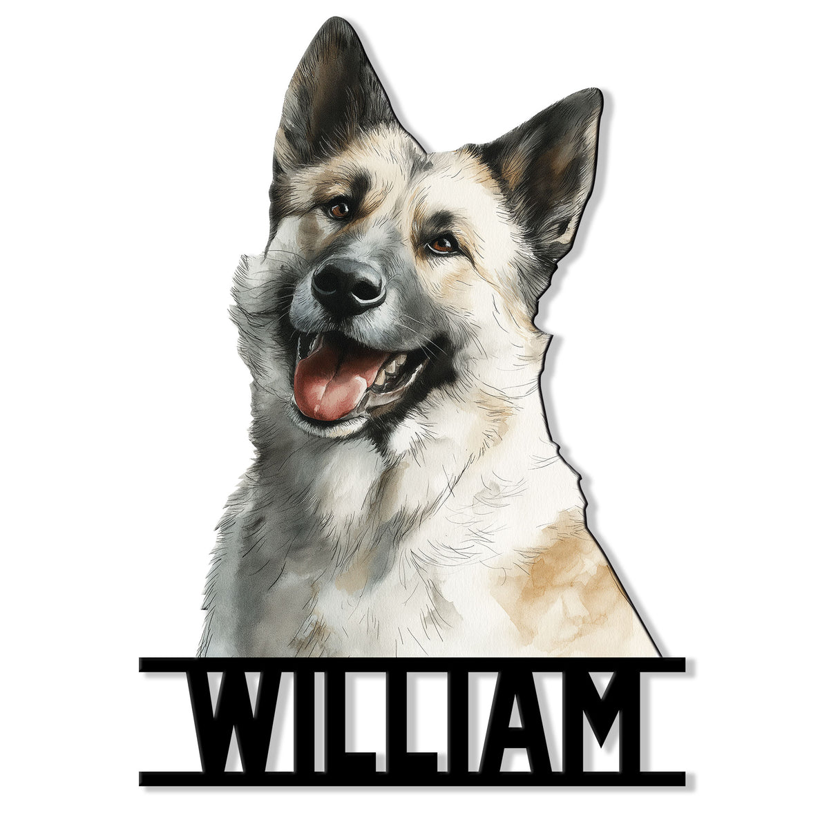 Norwegian Elkhound metal sign featuring a detailed cheerful dog portrait and bold lower border design