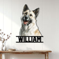 Norwegian Elkhound wall sign displayed on a light paneled wall above a console table