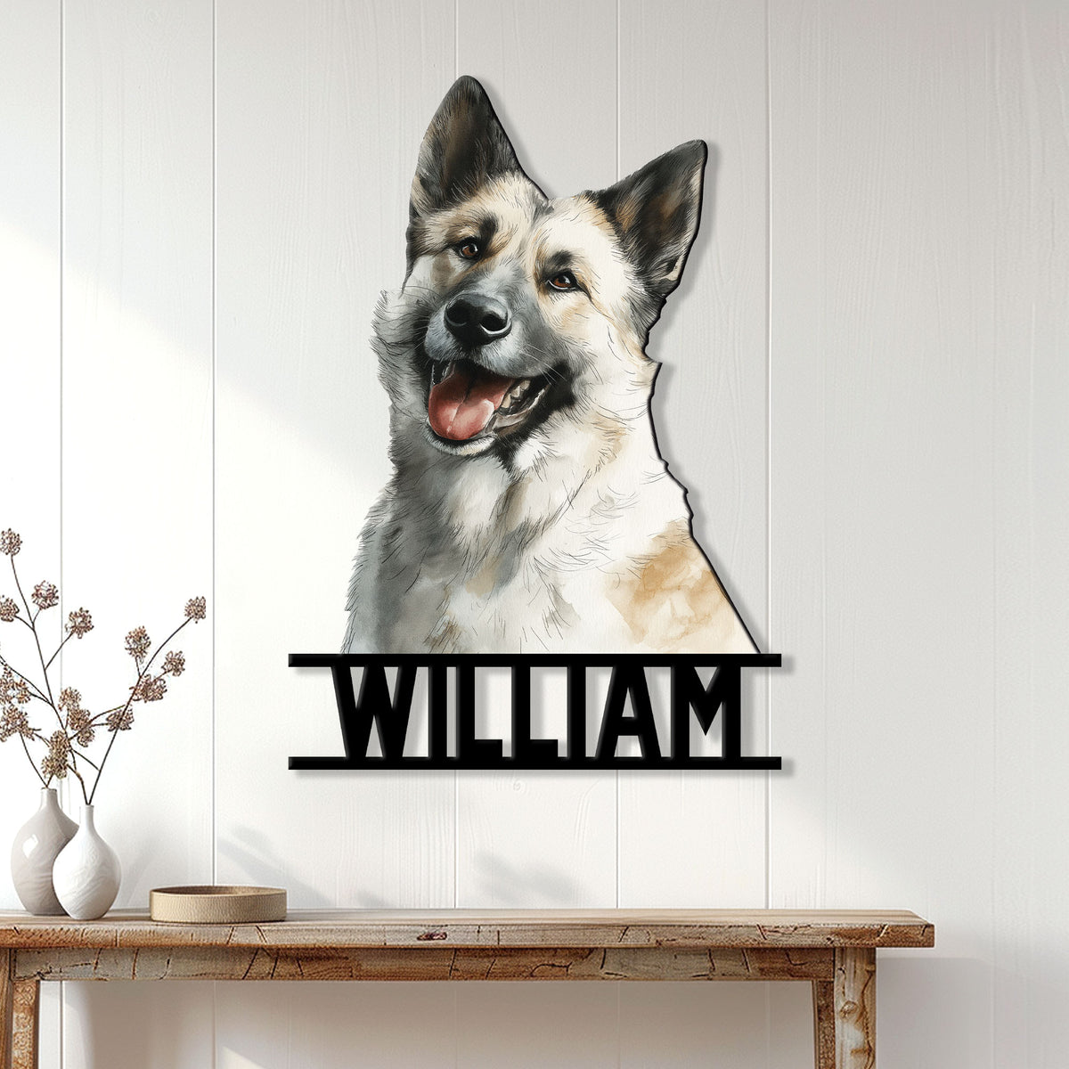 Norwegian Elkhound wall sign displayed on a light paneled wall above a console table