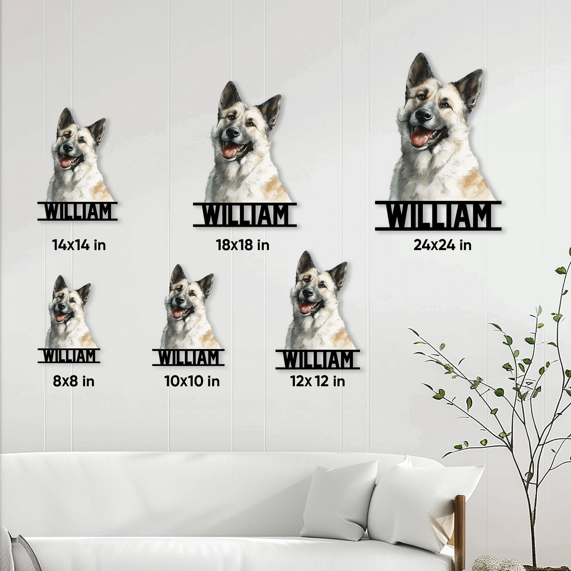 Norwegian Elkhound metal sign size guide showing multiple square size options in a living room