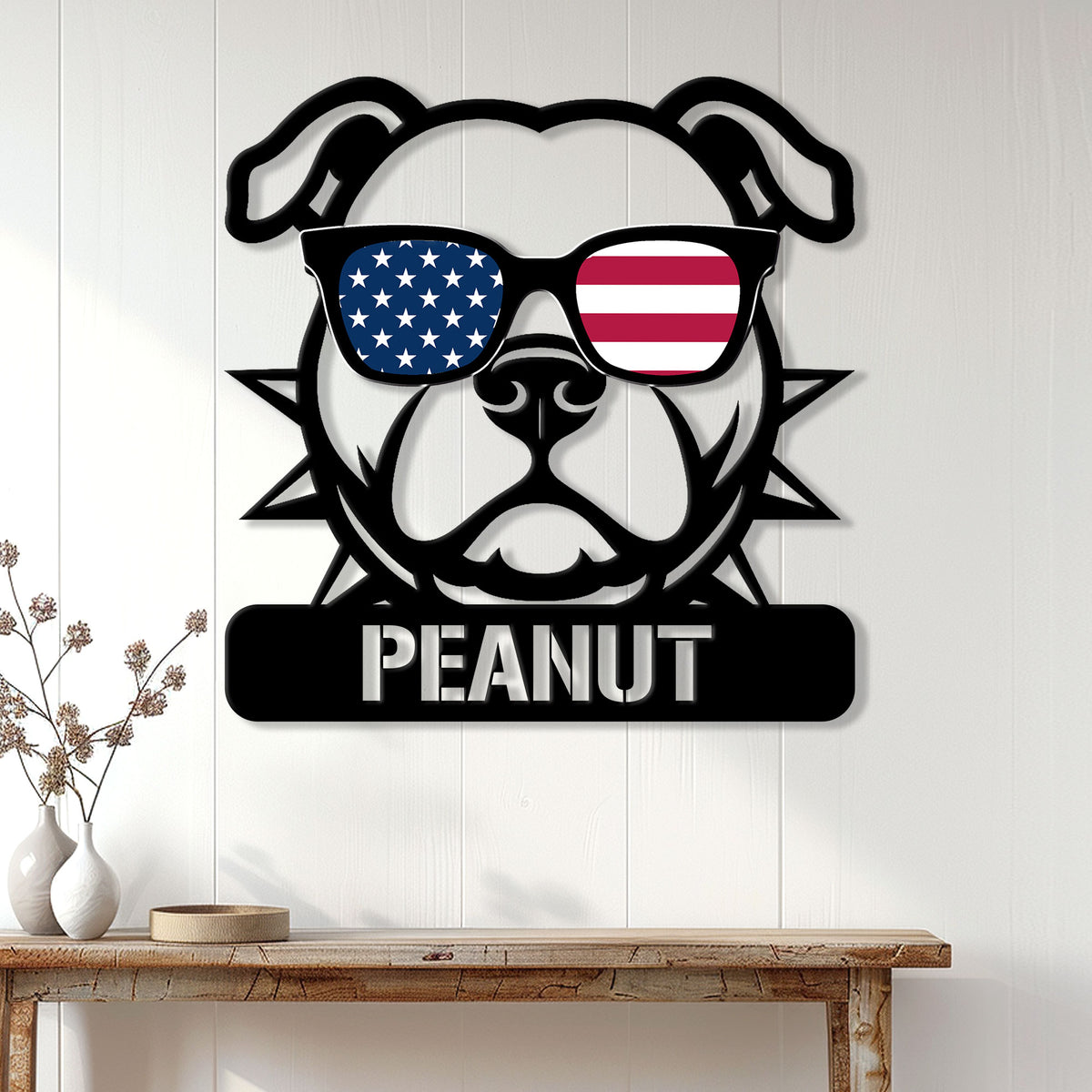 Patriotic Staffordshire Bull Terrier wall sign displayed as home entryway decor