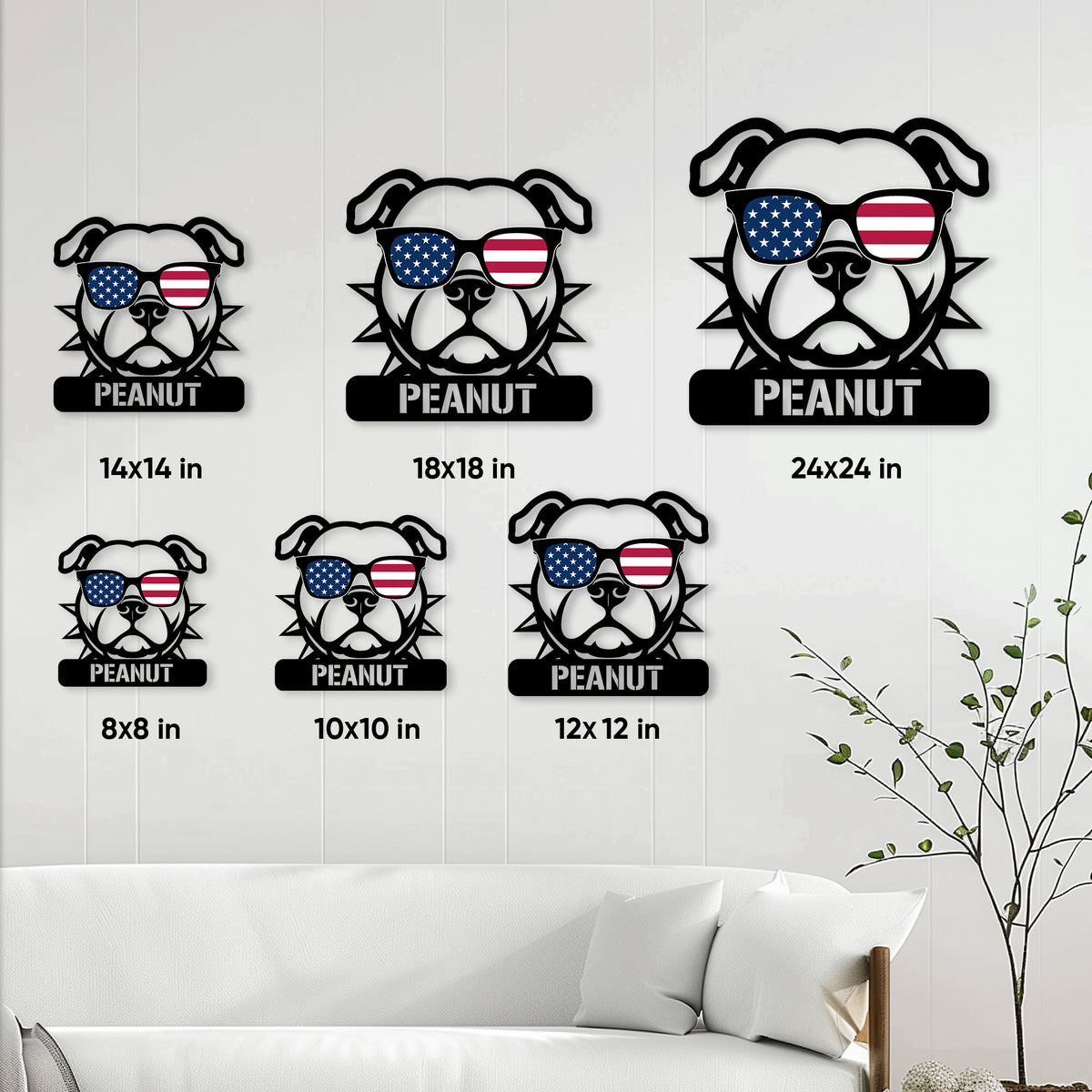 Staffordshire Bull Terrier metal sign size guide showing several available square dimensions