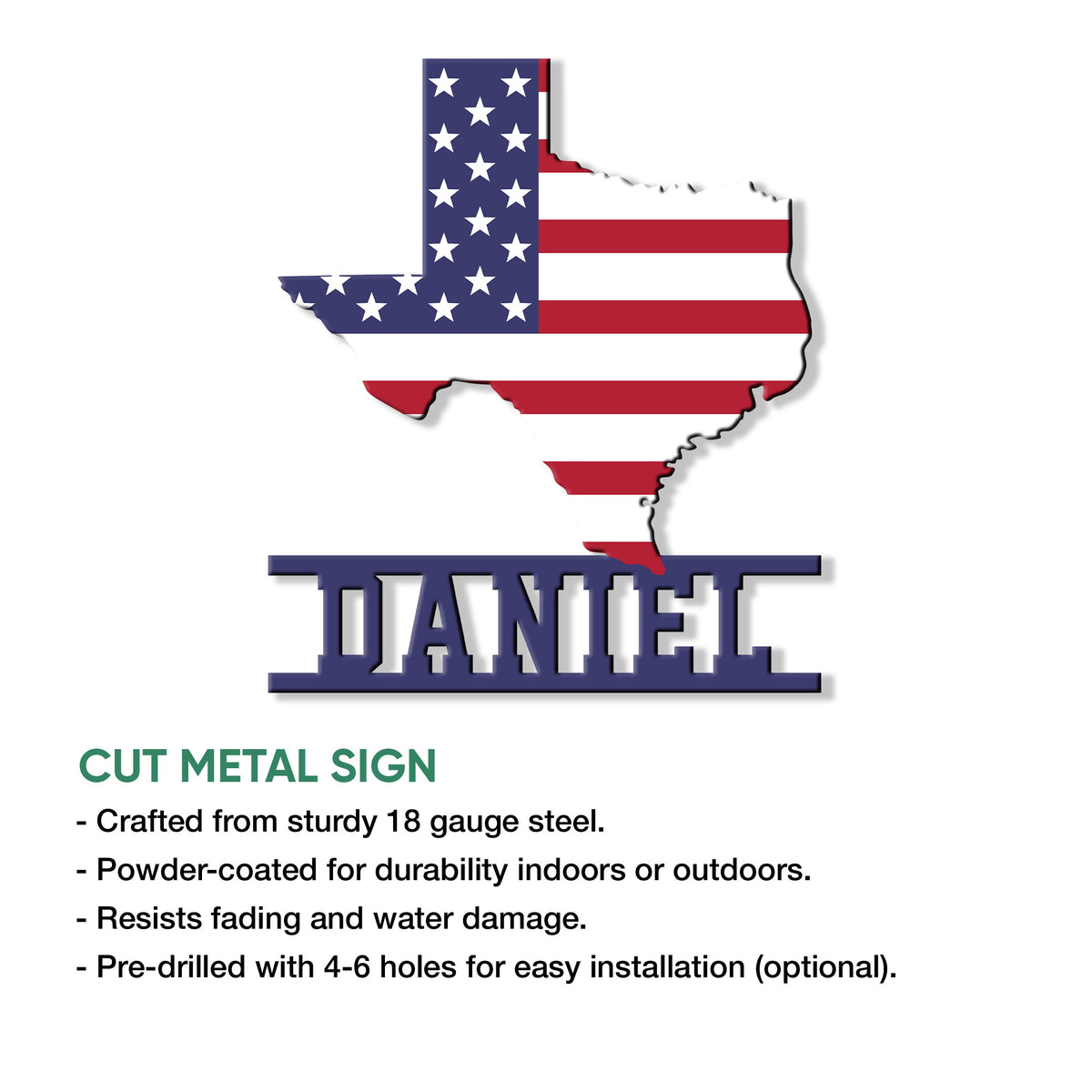 Texas American flag metal sign shown in a feature graphic highlighting cut metal construction and mounting options