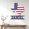 Texas flag metal sign displayed as patriotic wall decor in a bright modern home entryway