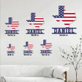 Texas American flag metal sign size guide showing multiple square size options on a living room wall