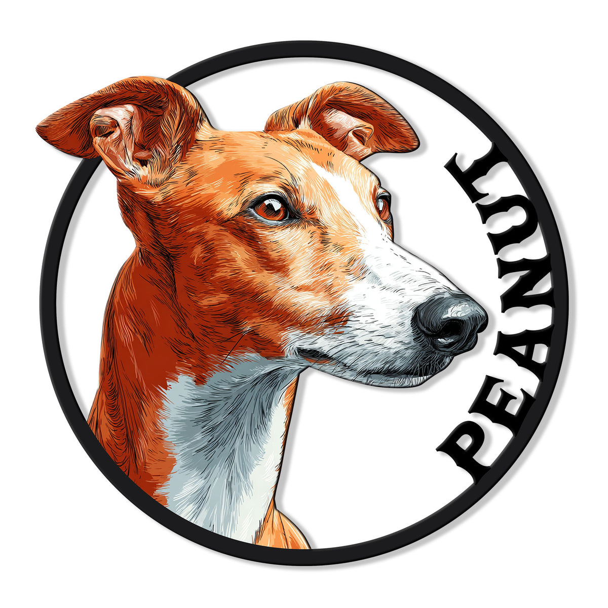 Close-up of a colorful Greyhound portrait cut metal sign in a bold circular frame