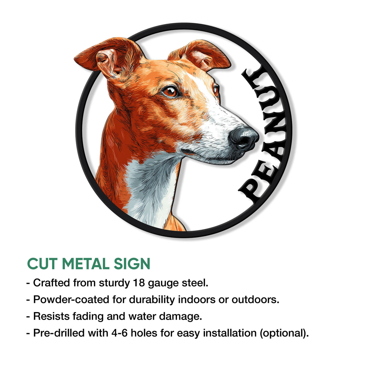Greyhound cut metal sign shown with product feature details for indoor or outdoor display