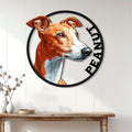 Greyhound portrait metal sign displayed as dog lover wall decor above a console table