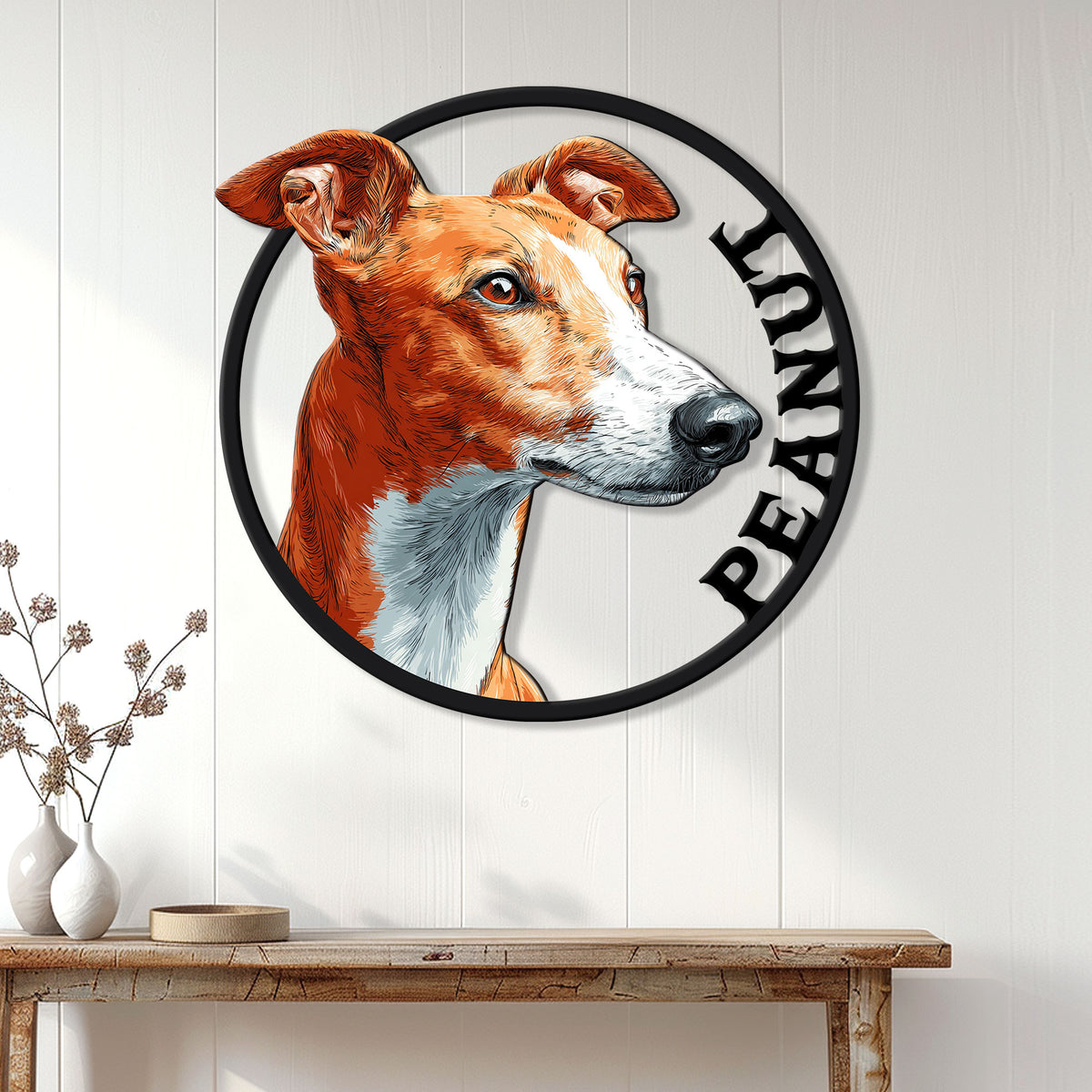 Greyhound portrait metal sign displayed as dog lover wall decor above a console table