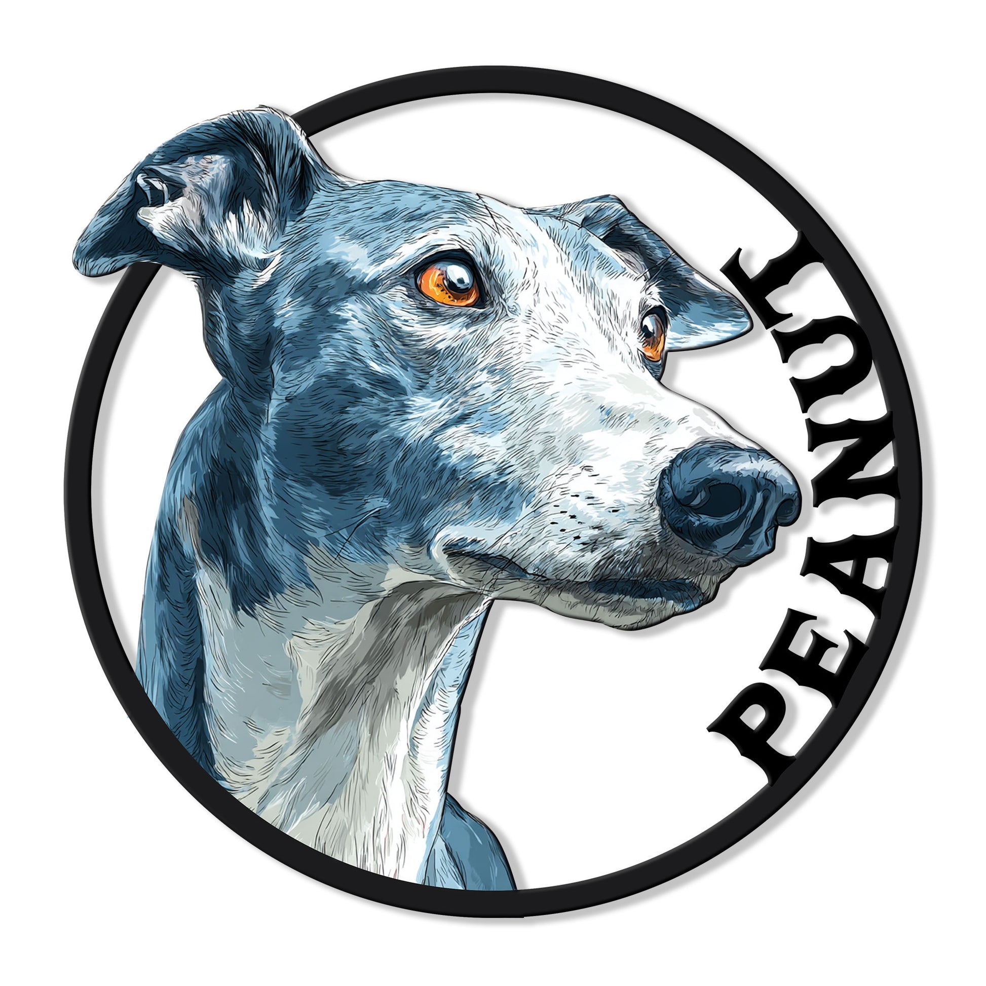 Blue and white Greyhound portrait metal sign with a bold circular frame and elegant dog lover decor style