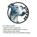Greyhound metal sign featuring a detailed blue-toned dog portrait alongside a product feature overview