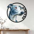 Greyhound wall sign displayed above a console table in a bright, modern farmhouse-style entryway
