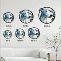 Greyhound metal sign size guide showing six circular wall decor size options in a living room setting
