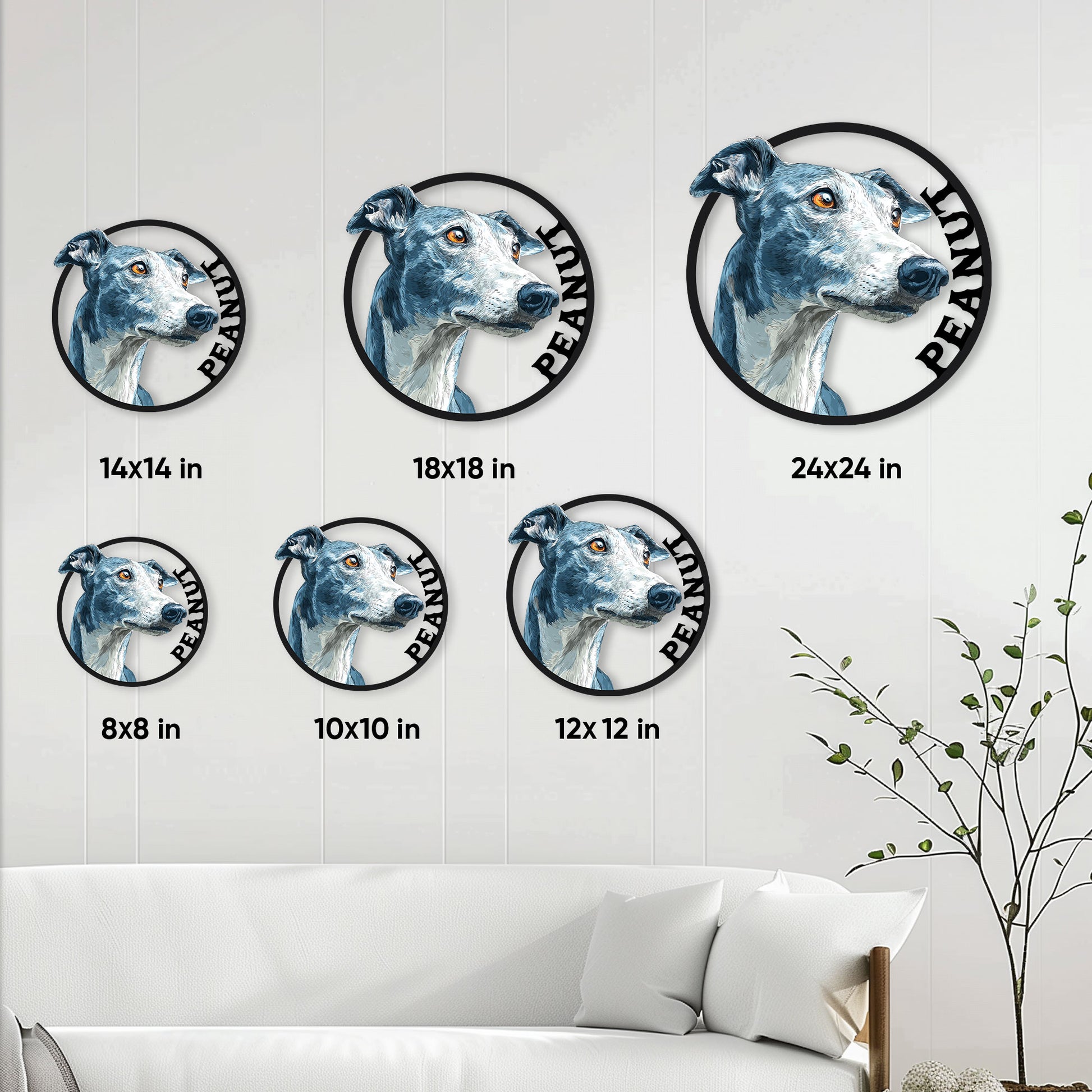 Greyhound metal sign size guide showing six circular wall decor size options in a living room setting