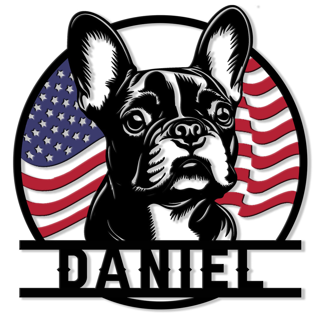 Custom French Bulldog metal sign featuring a bold black-and-white dog portrait over an American flag