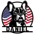 Custom French Bulldog metal sign featuring a bold black-and-white dog portrait over an American flag