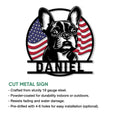 Patriotic French Bulldog metal sign with a detailed dog portrait framed by stars and stripes