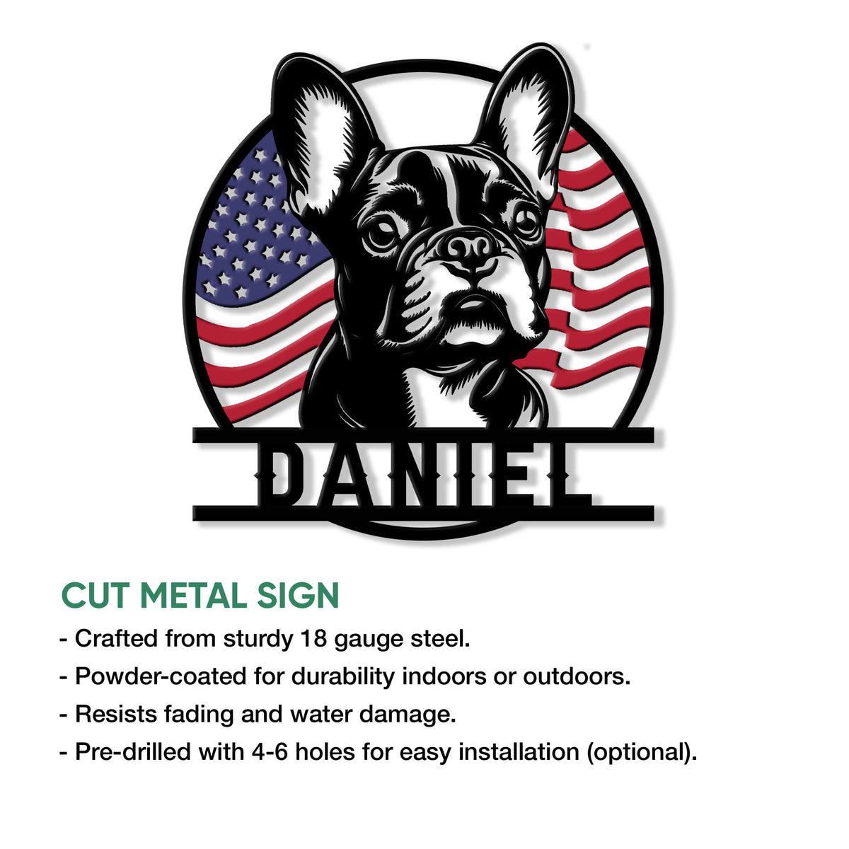 Patriotic French Bulldog metal sign with a detailed dog portrait framed by stars and stripes