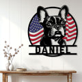 French Bulldog American flag wall sign displayed on a bright white paneled wall