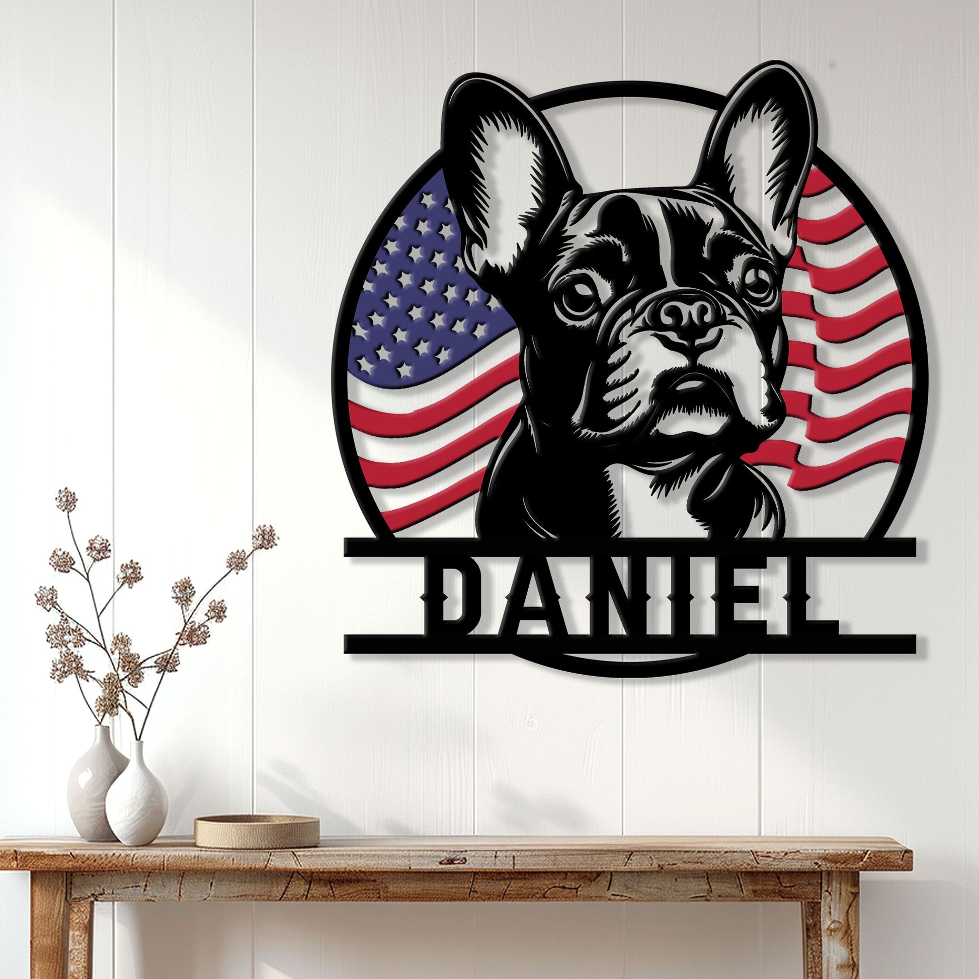 French Bulldog American flag wall sign displayed on a bright white paneled wall