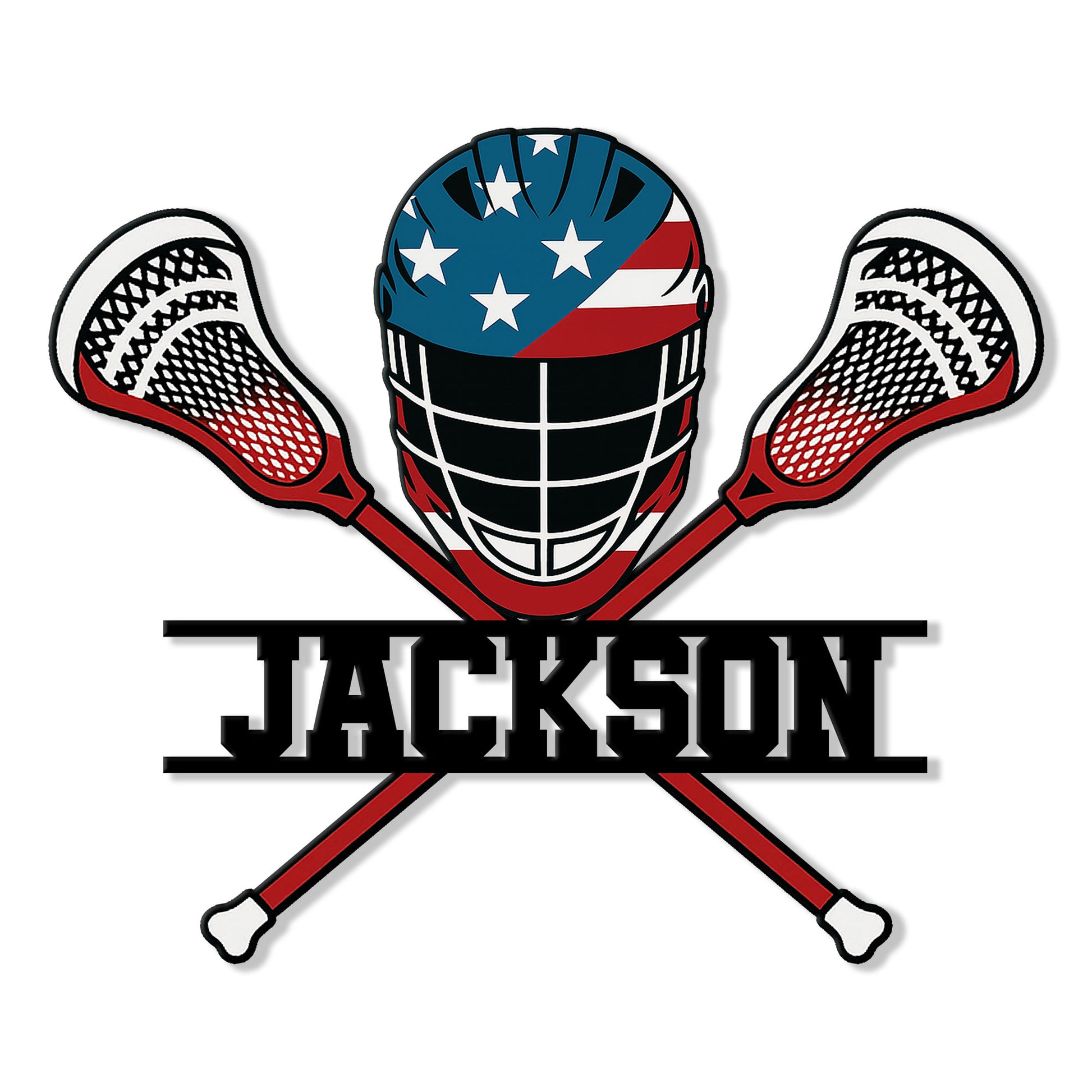 Custom lacrosse metal sign featuring a goalie helmet, crossed sticks, and bold patriotic red, white, and blue colors