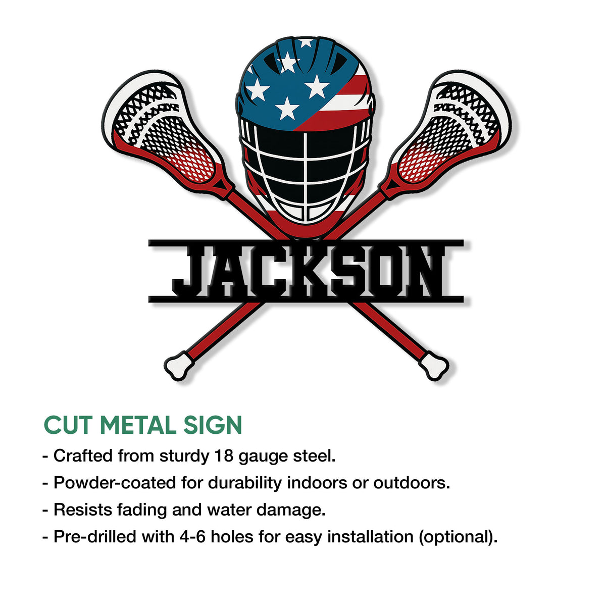 Lacrosse metal sign feature graphic showing the goalie helmet and crossed sticks design with cut-steel construction details