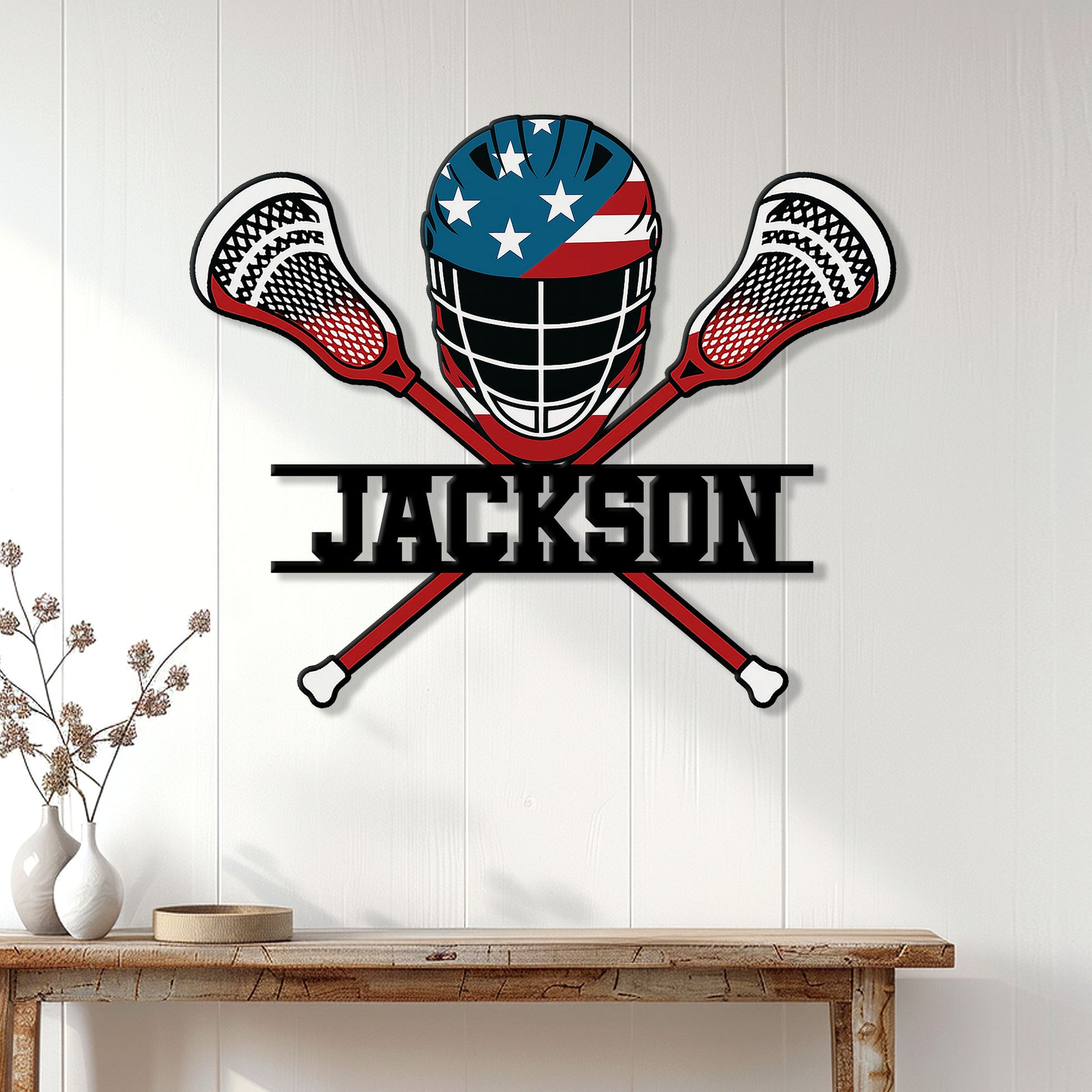 Lacrosse goalie helmet metal sign displayed on a white paneled wall above a rustic console table