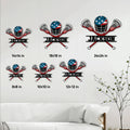 Lacrosse metal sign size guide showing six available square dimensions in a living room setting