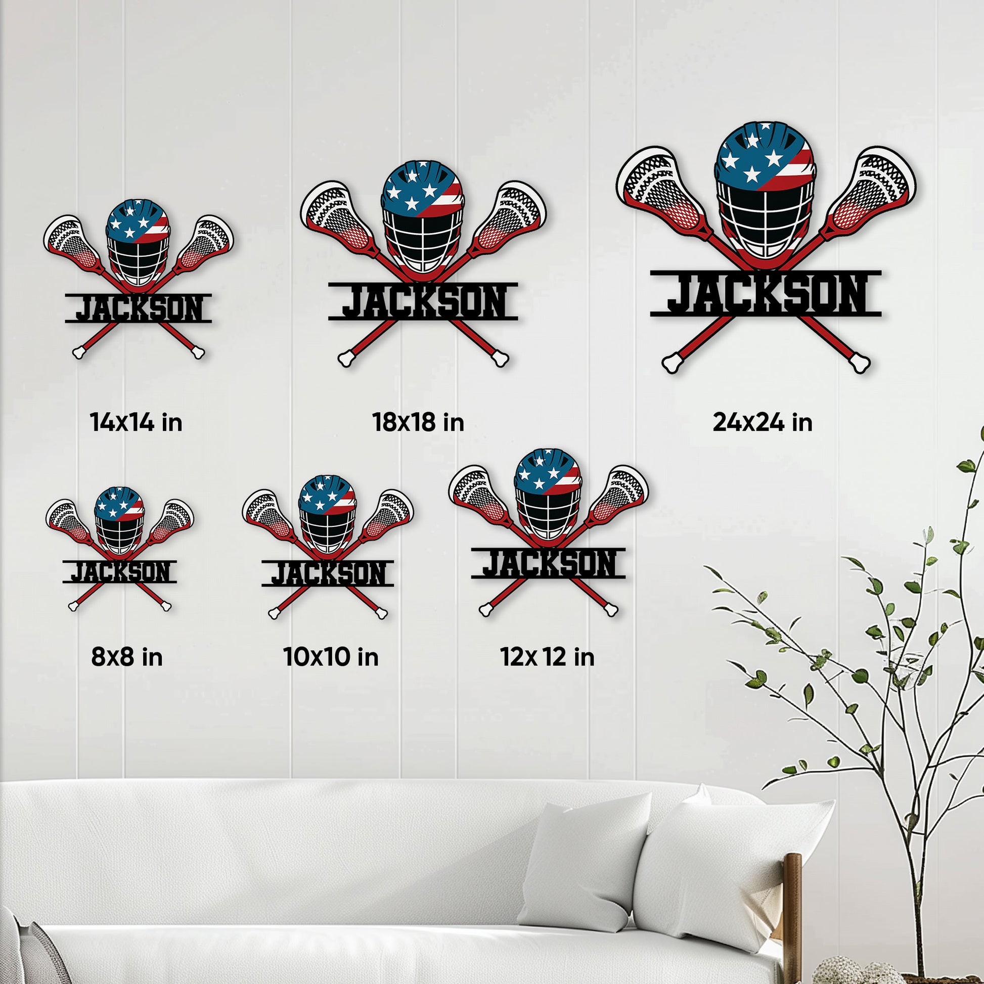 Lacrosse metal sign size guide showing six available square dimensions in a living room setting